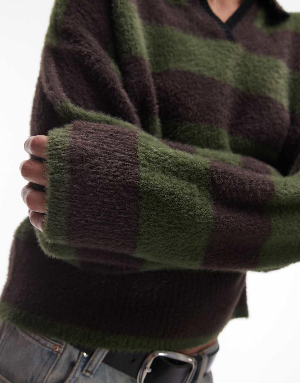 topshop knitted fluffy stripe relaxed polo in gray and green Product Image