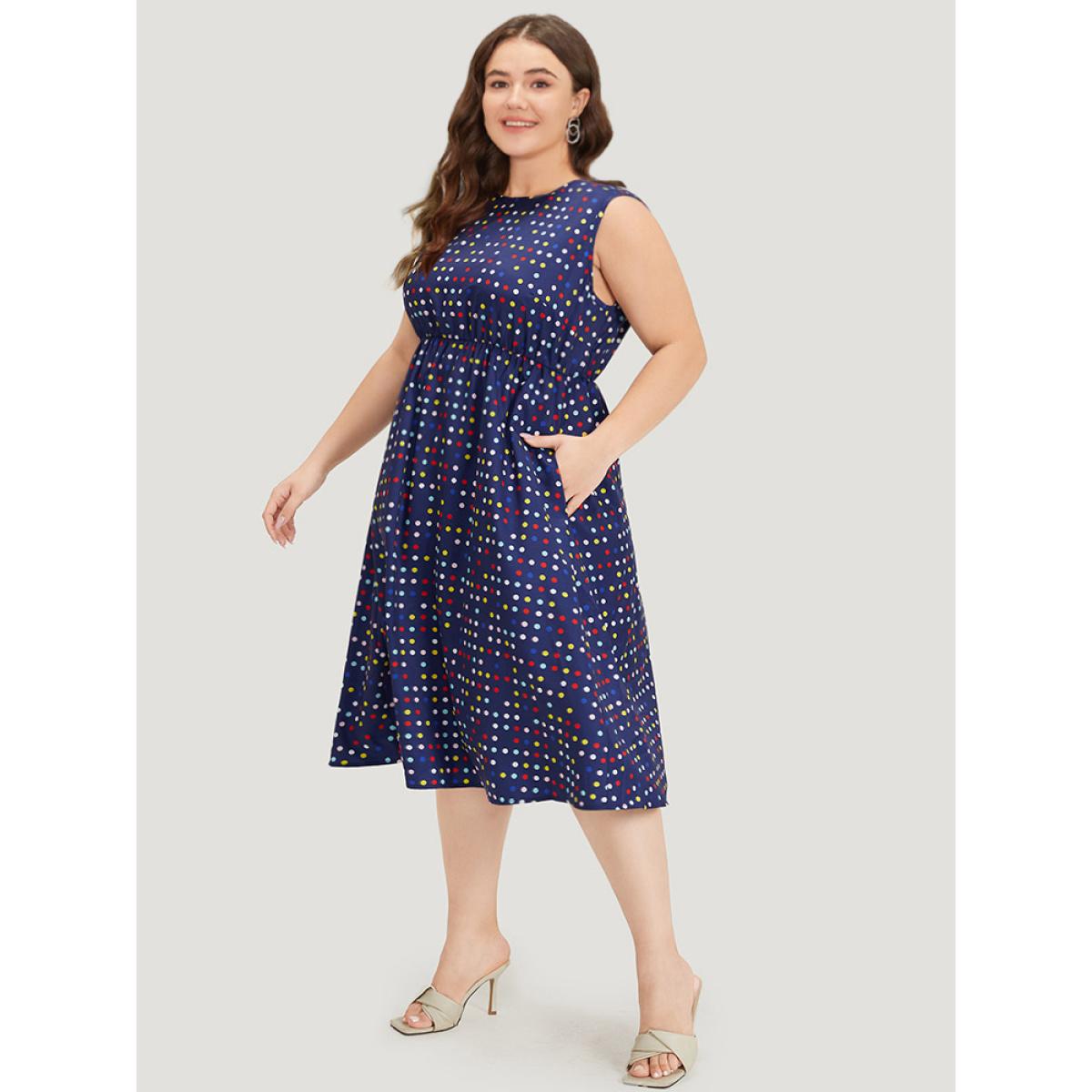 Plus Size Polka Dot Ruffle Hem Round Neck Pocket Tank Dress DarkBlue Women Elegant Elastic Waist Round Neck Sleeveless Curvy Midi Dress BloomChic 12/L Product Image