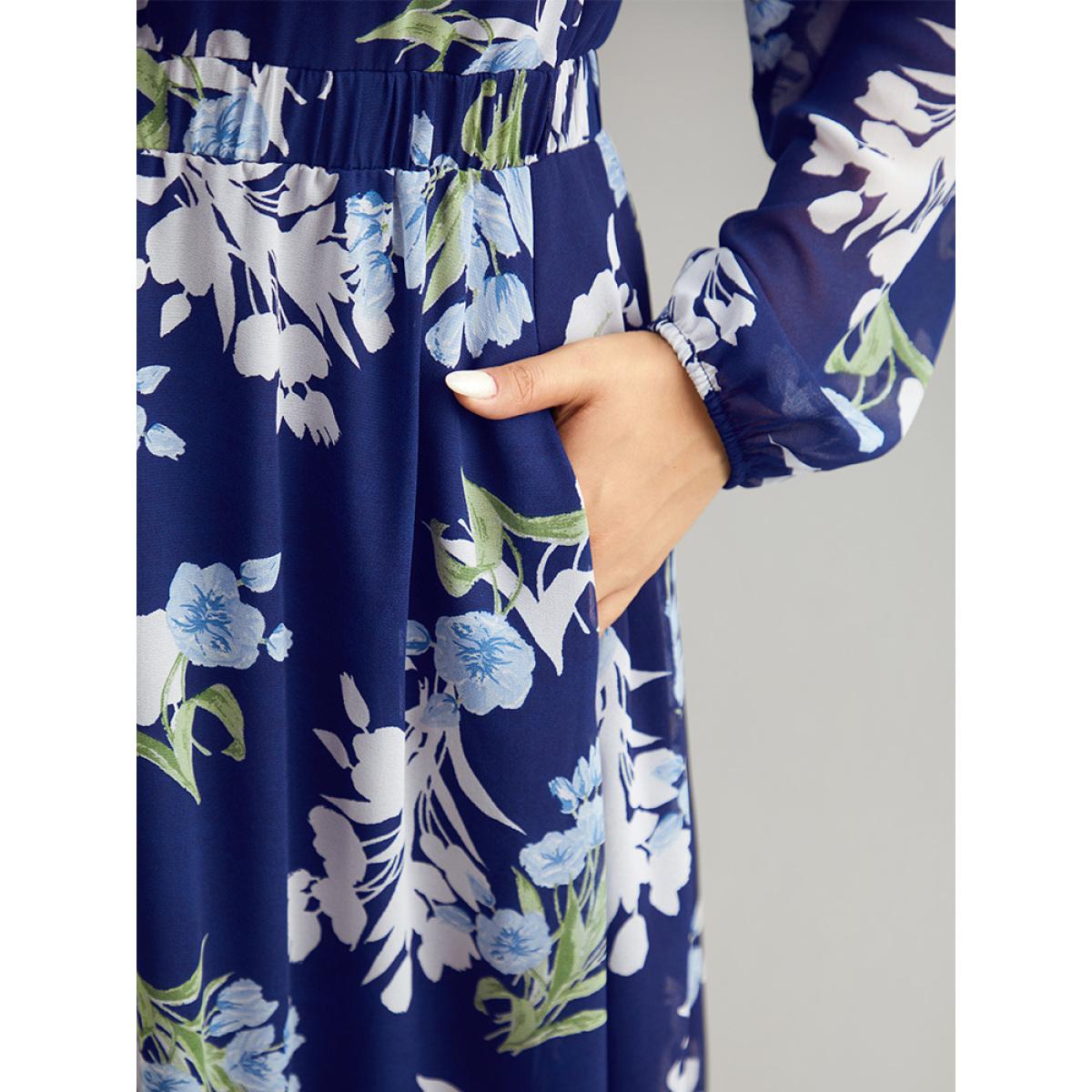 Plus Size Floral Print Chiffon Pocket Elastic Waist Gathered Dress DarkBlue Women Elegant Elastic cuffs V-neck Long Sleeve Curvy Midi Dress BloomChic 14-16/1X Product Image