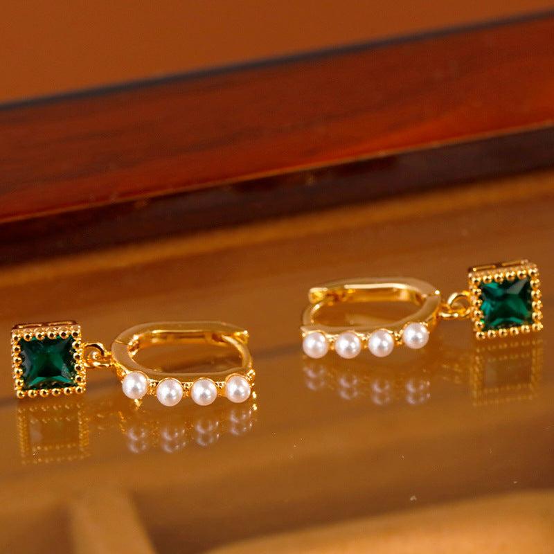 Green Metal Pearl Earrings Product Image