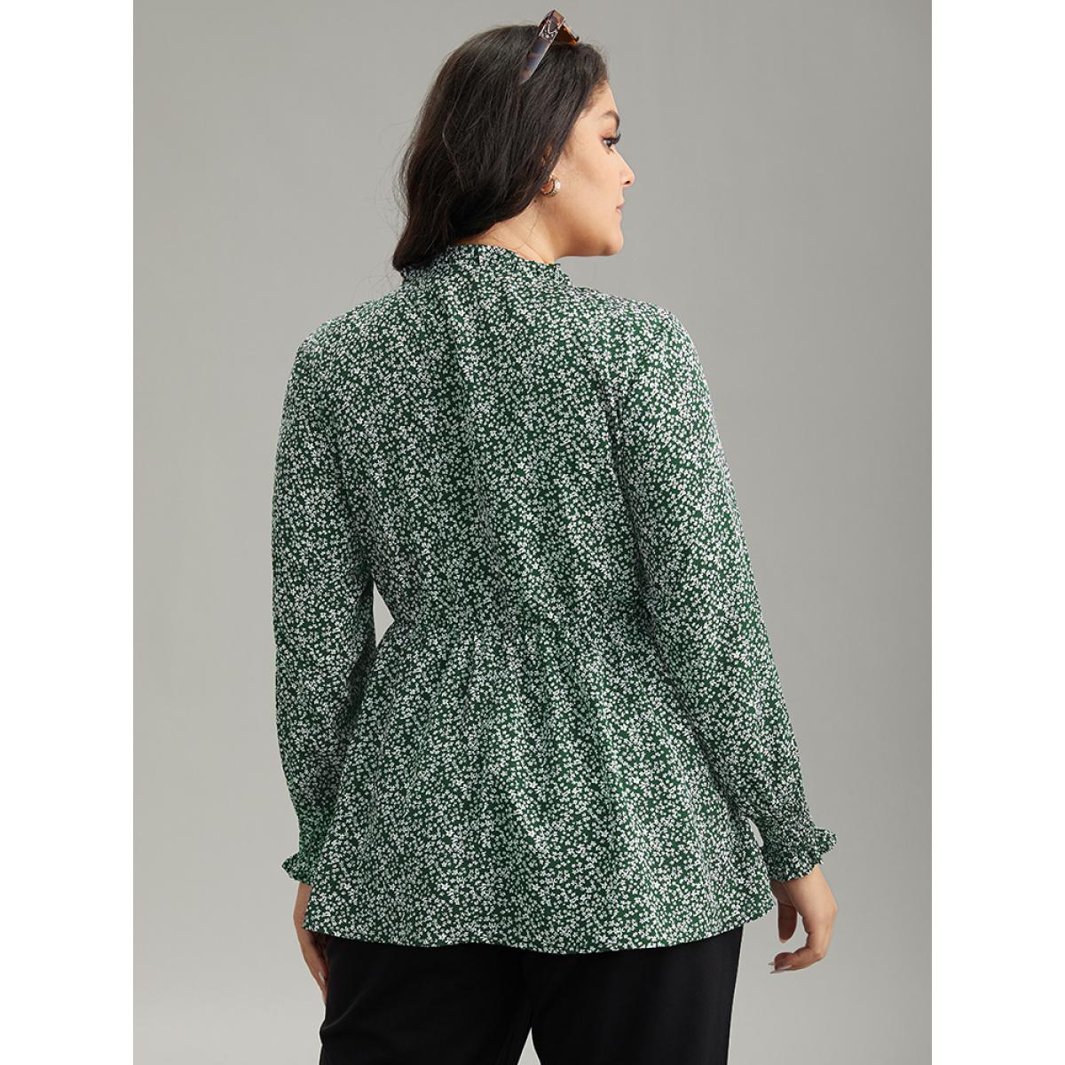Plus Size DarkGreen Ditsy Floral Stand Collar Shirred Frill Trim Blouse Women Elegant Long Sleeve Stand-up collar Dailywear Blouses BloomChic 18-20/2X Product Image