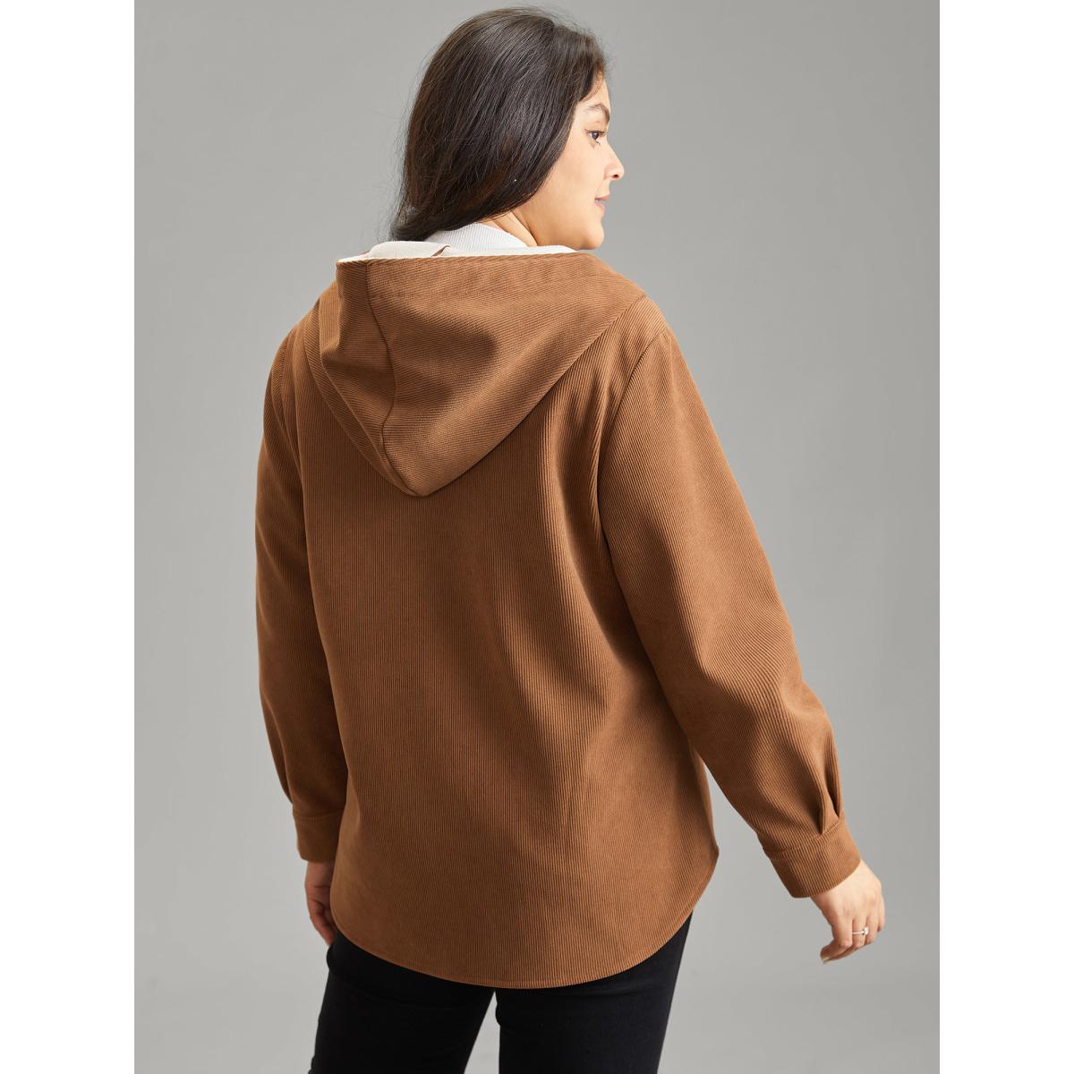 Plus Size Corduroy Fluffy Patchwork Hooded Jacket Women Bronze Contrast Pocket Dailywear Jackets BloomChic 28/5X Product Image