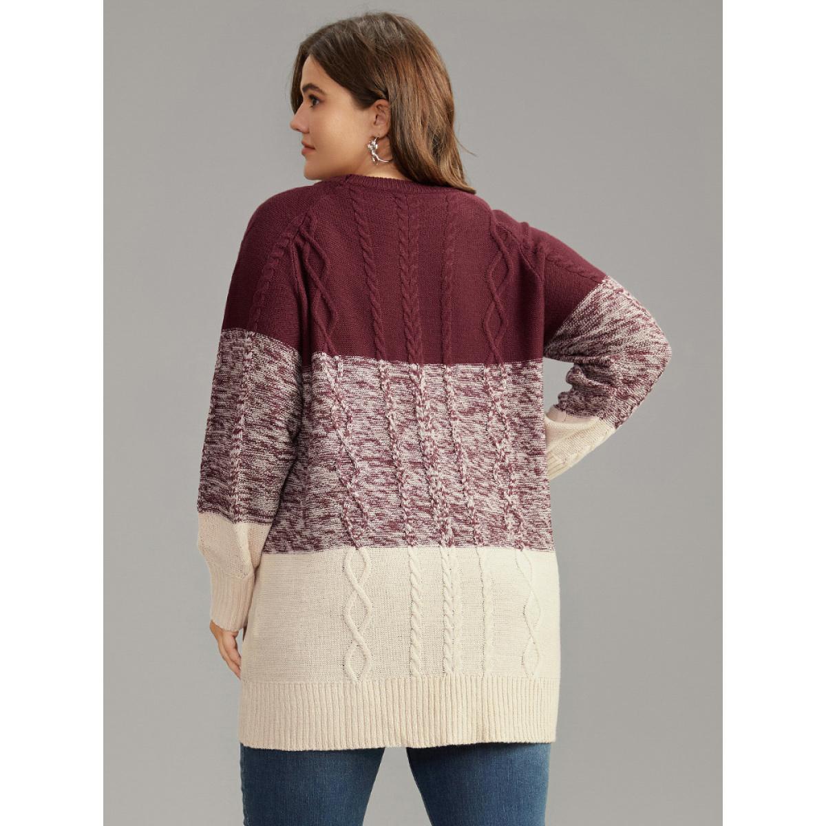Plus Size Cable Knit Heather Colorblock Patchwork Pullover Burgundy Women Casual Loose Long Sleeve Round Neck Dailywear Pullovers BloomChic 22-24/3X Product Image