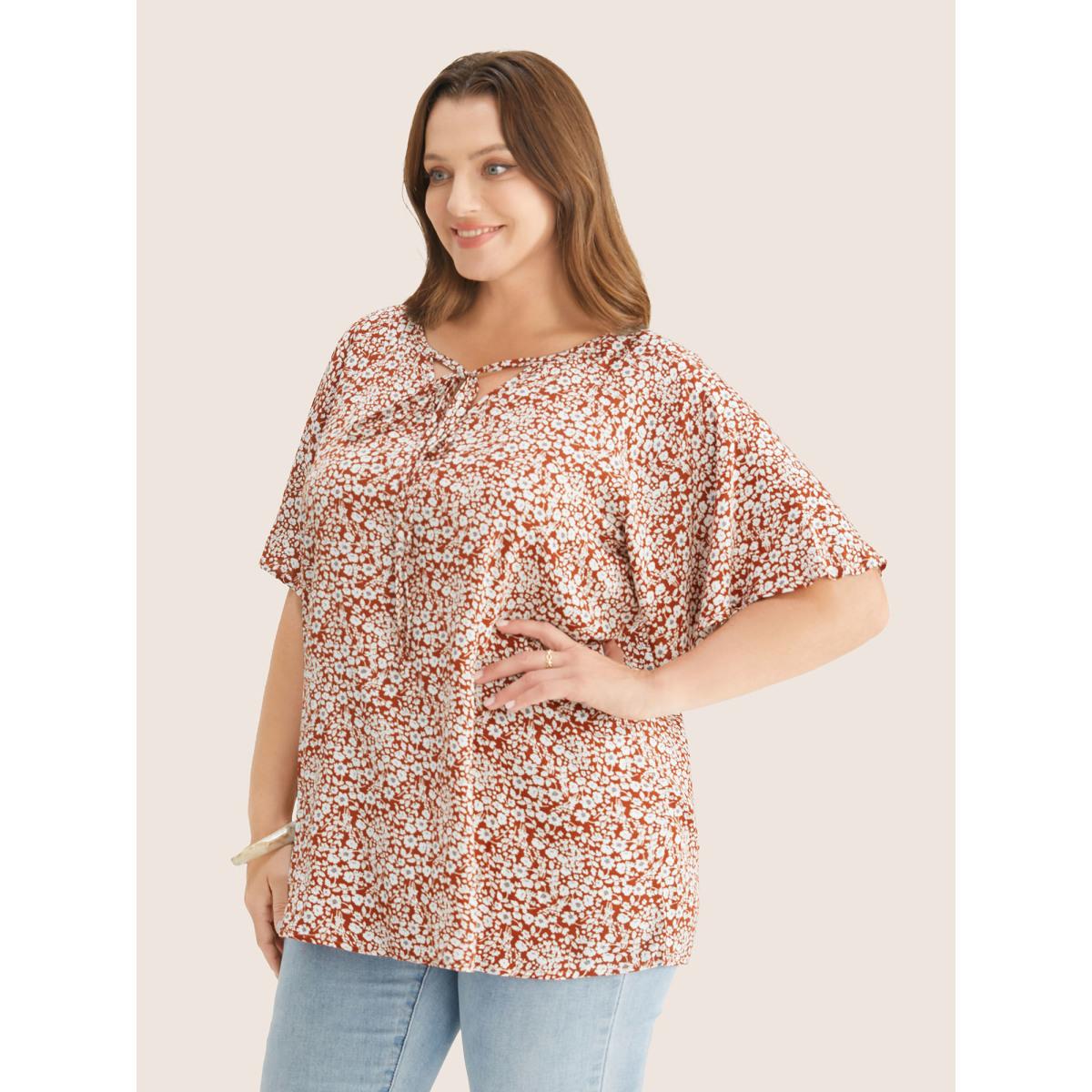 Plus Size Maroon Ditsy Floral Ruffle Sleeve Tie Neck Blouse Women Elegant Short sleeve V-neck Everyday Blouses BloomChic 22-24/3X Product Image