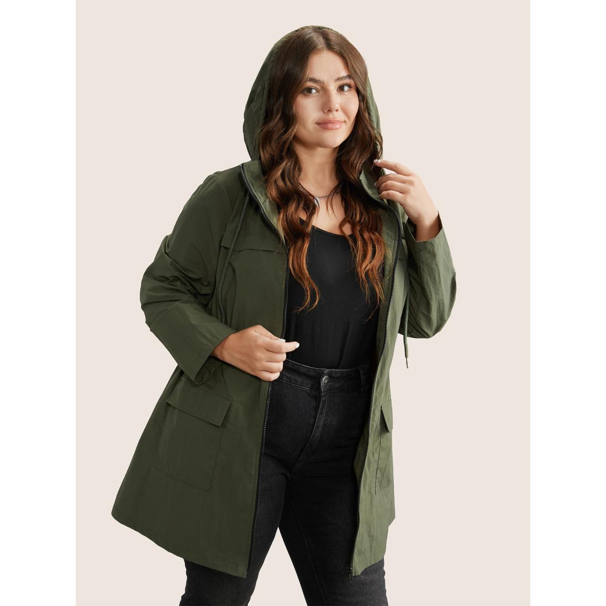 Plus Size Plain Hooded Drawstring Gathered Zipper Jacket Women ArmyGreen Non Patch pocket Everyday Jackets BloomChic 14-16/1X Product Image