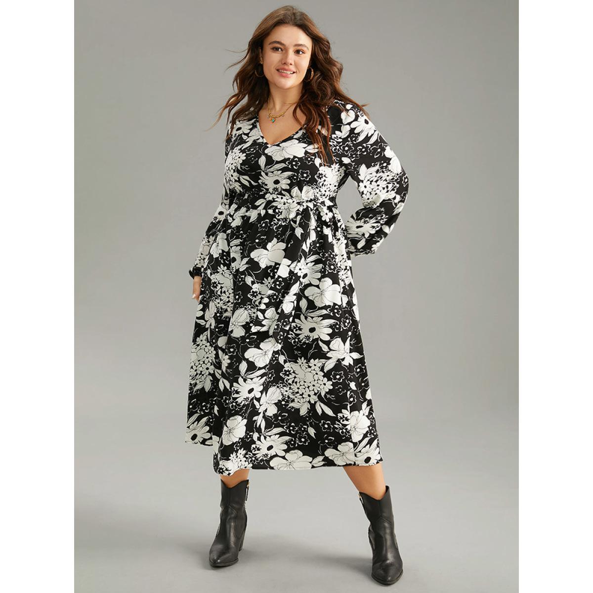 Plus Size Floral Belted V Neck Lantern Sleeve Dress Black Women Casual Elastic cuffs V-neck Long Sleeve Curvy Midi Dress BloomChic 12/L Product Image