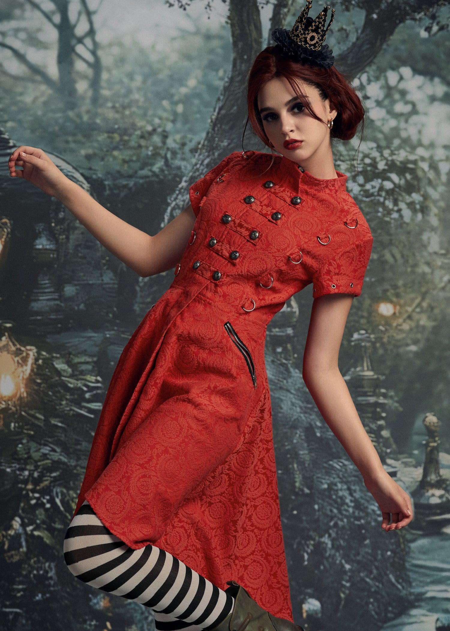 Red Jacquard Battalion Swing Dress Product Image