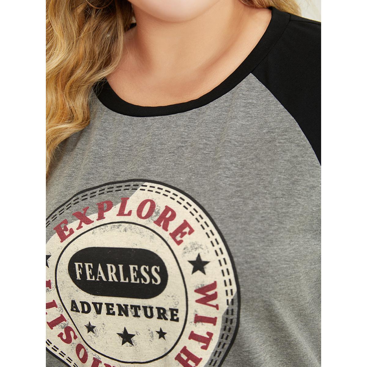 Plus Size Graphic Print Contrast Raglan Sleeve T-shirt Gray Women Casual Contrast Area Dailywear T-shirts BloomChic 30/6X Product Image