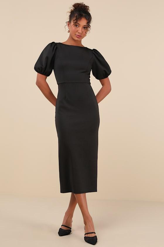Simply Beloved Black Puff Sleeve Bodycon Midi Dress Product Image