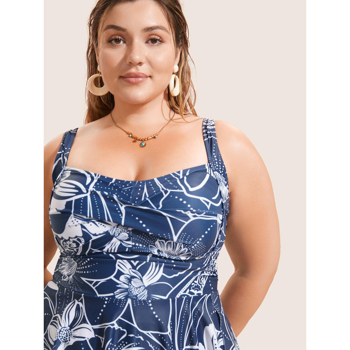 Plus Size Natural Flowers Heart Neckline Twist Swim Dress Women's Swimwear Indigo Beach Bodycon Heart neckline High stretch Curve Swim Dresses BloomChic 18-20/2X Product Image