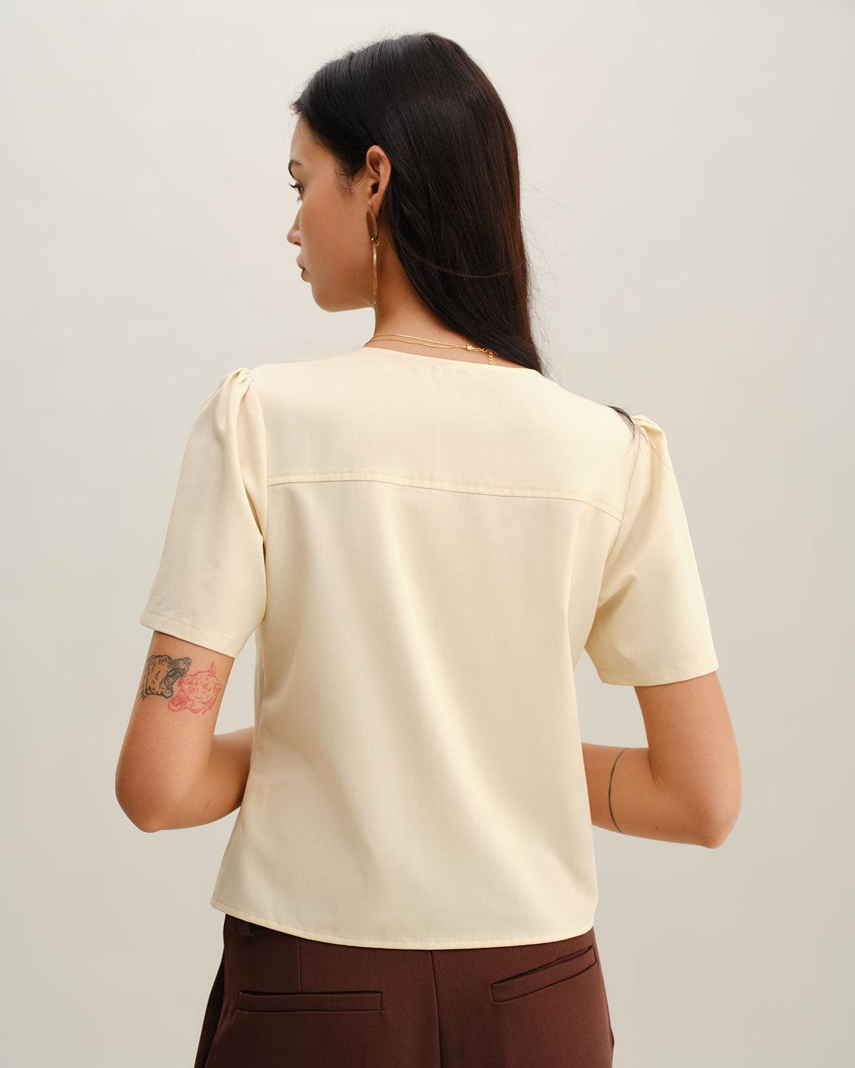 Beige V Neck Button Short Sleeve Blouse Product Image