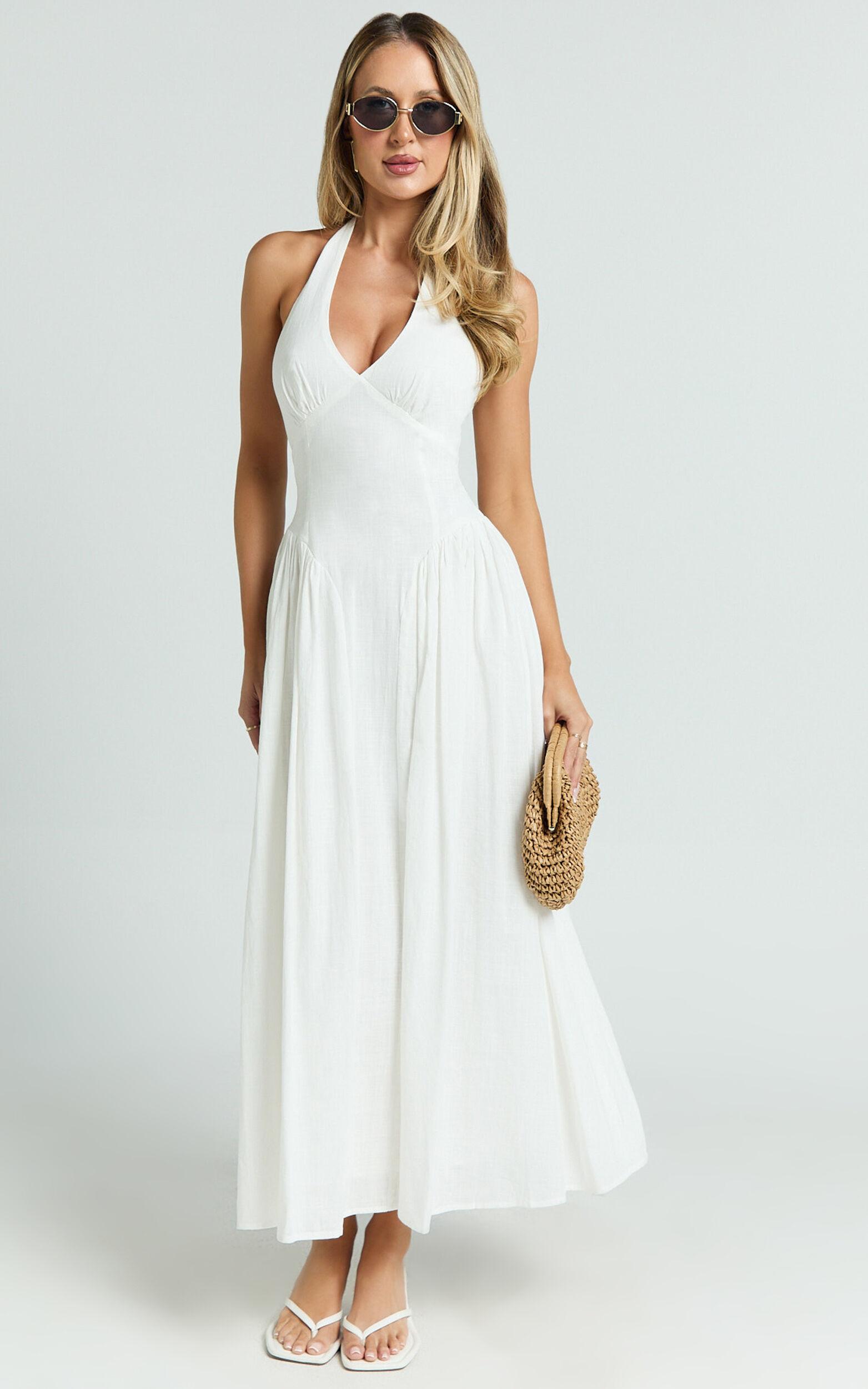 Athena Midi Dress - Halter Drop Waist Dress in White Product Image