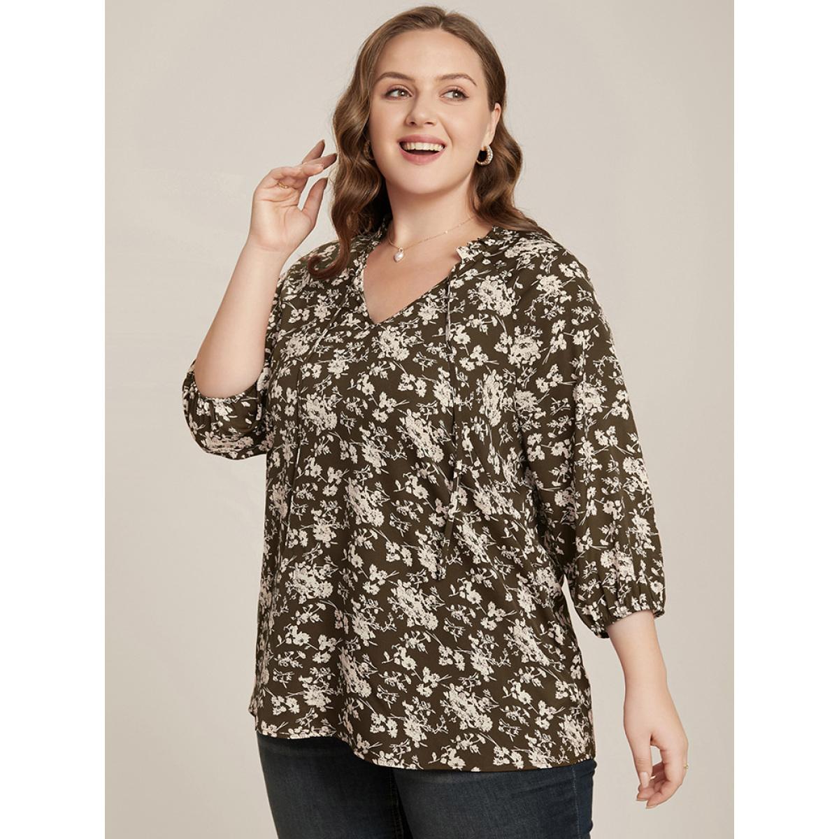 Plus Size DarkBrown Floral Print Lantern Sleeve Tie V Neck Blouse Women Elegant Elbow-length sleeve V-neck Dailywear Blouses BloomChic 14-16/1X Product Image