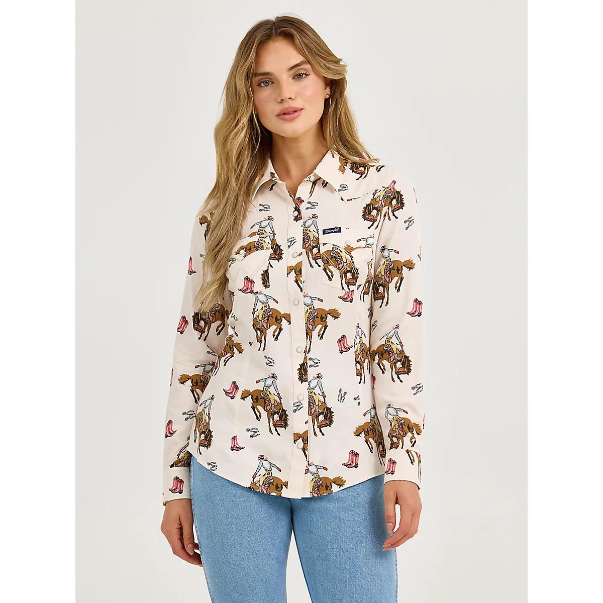 Women's Wrangler Bold Bucking Cowboy Western Snap Shirt in Cowboy/Cream Product Image
