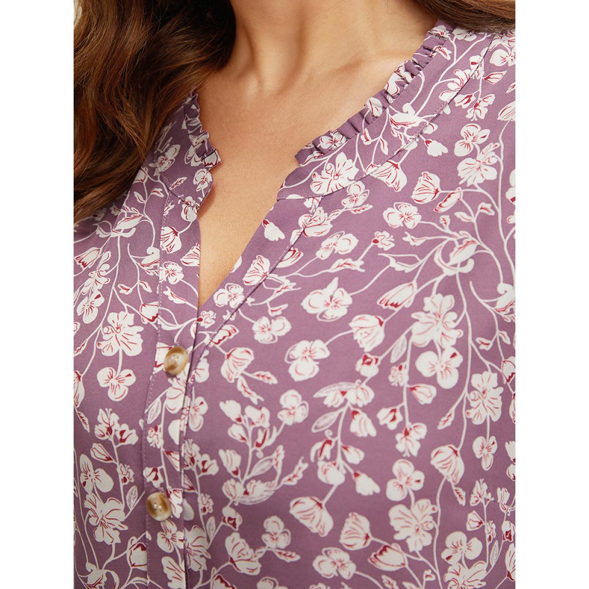 Plus Size Mauve Ditsy Floral Button Up Frill Trim Notched Blouse Women Elegant Short sleeve Notched collar Dailywear Blouses BloomChic 22-24/3X Product Image