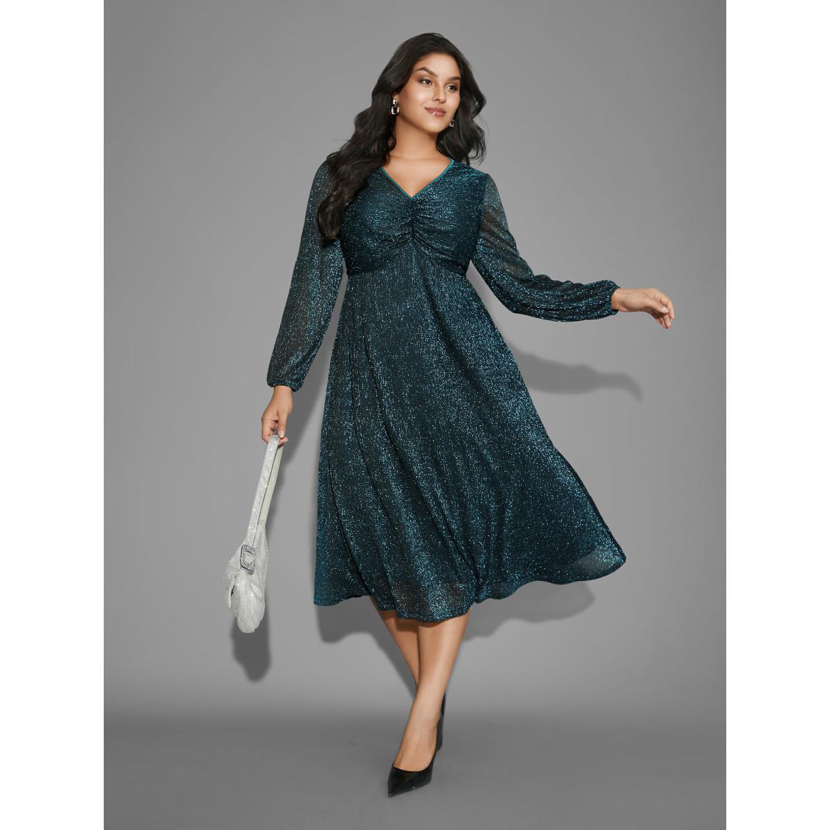 Plus Size Luxe V Neck Ruched Mesh Dress Aegean Women Cocktail Gathered Party Curvy Bloomchic 14-16/1X Product Image