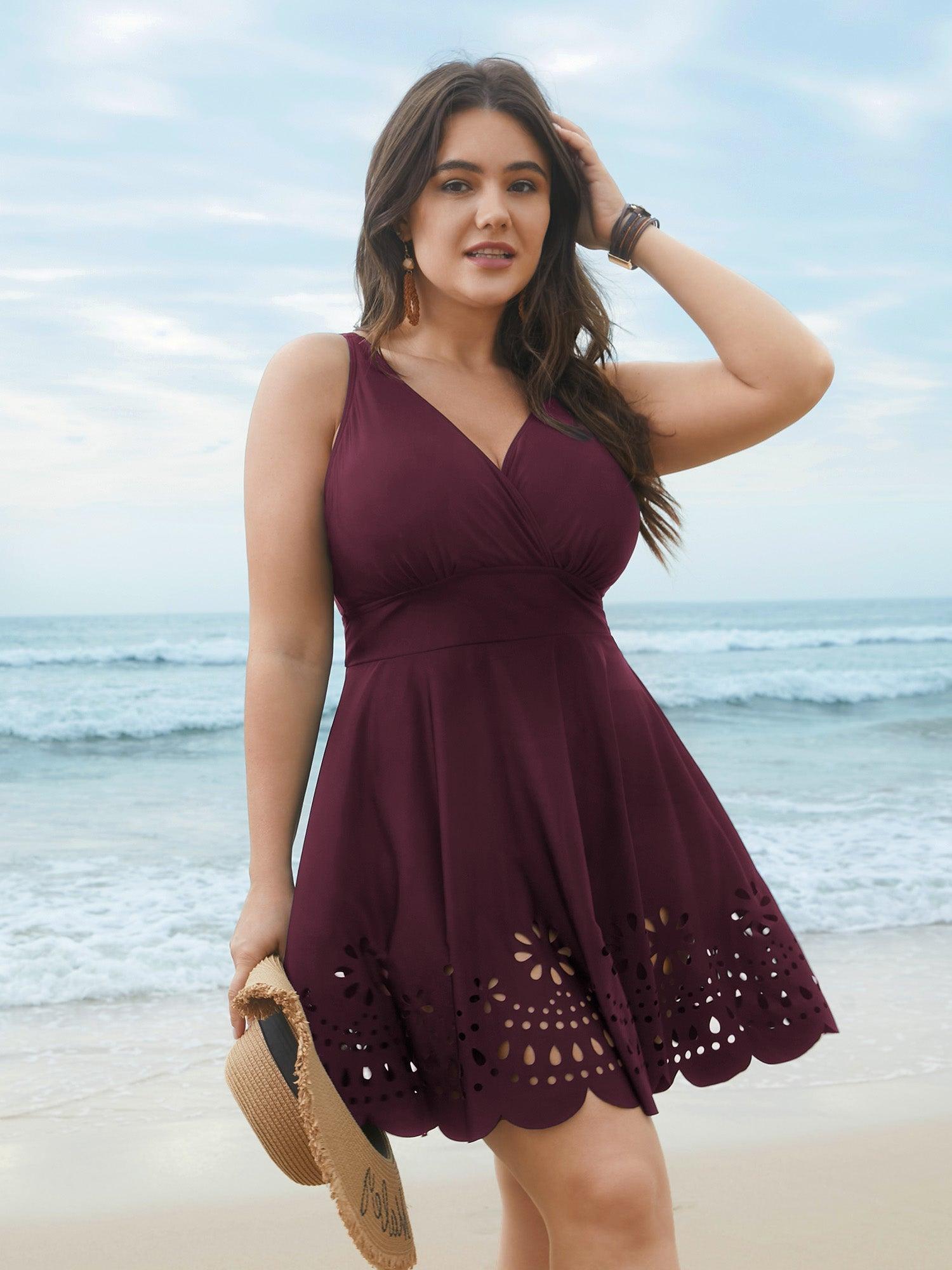 Laser Cut Surplice Neck Waist-Cinched Swim Dress Female Product Image