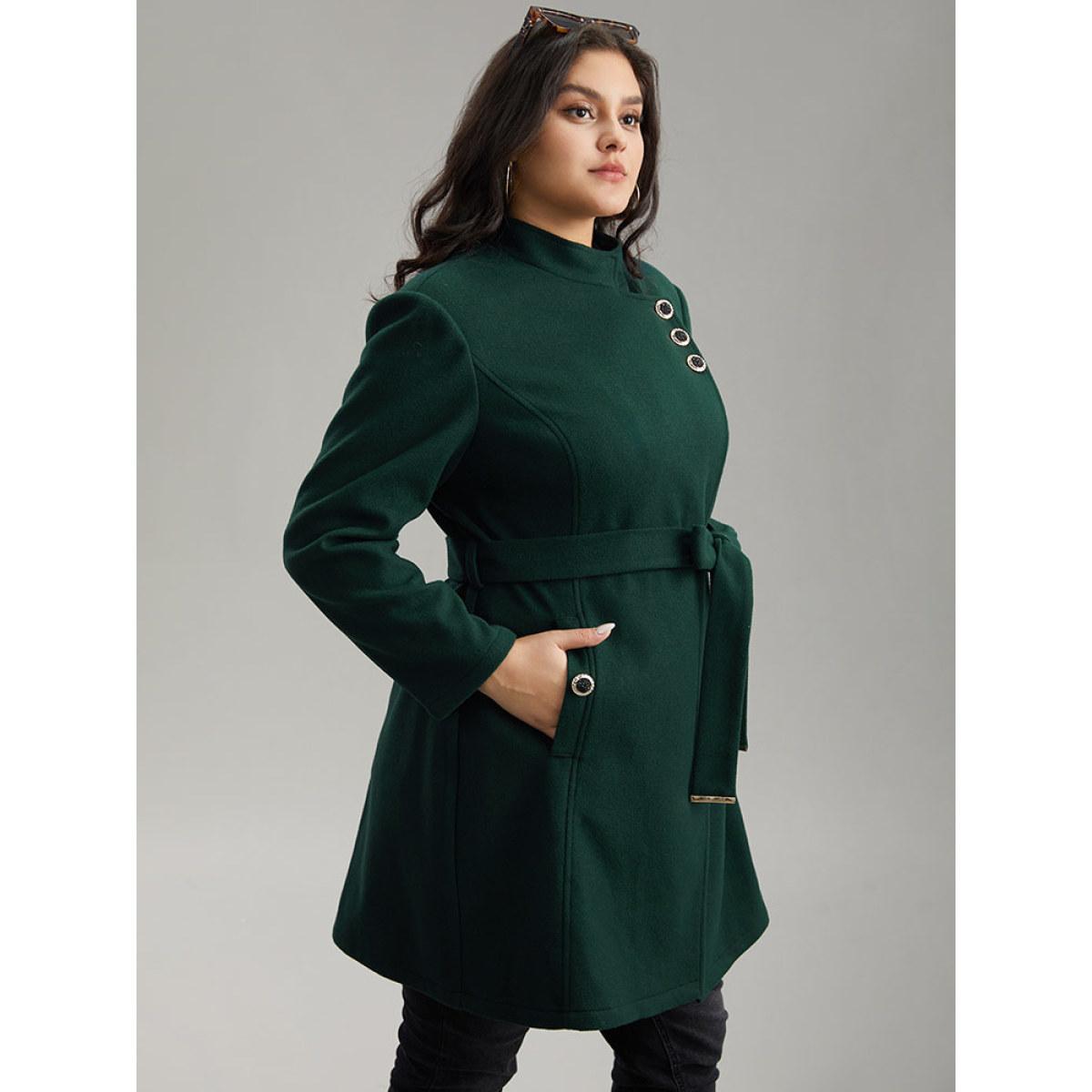 Plus Size Solid Metal Detail Belted Pocket Coat Women DarkGreen Elegant Plain Ladies Everyday Winter Coats BloomChic 28/5X Product Image