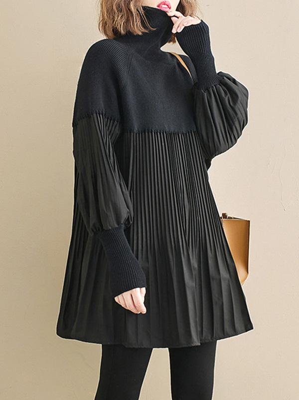 Knitting Pleats Split-Joint High-Neck Pullover Top Product Image