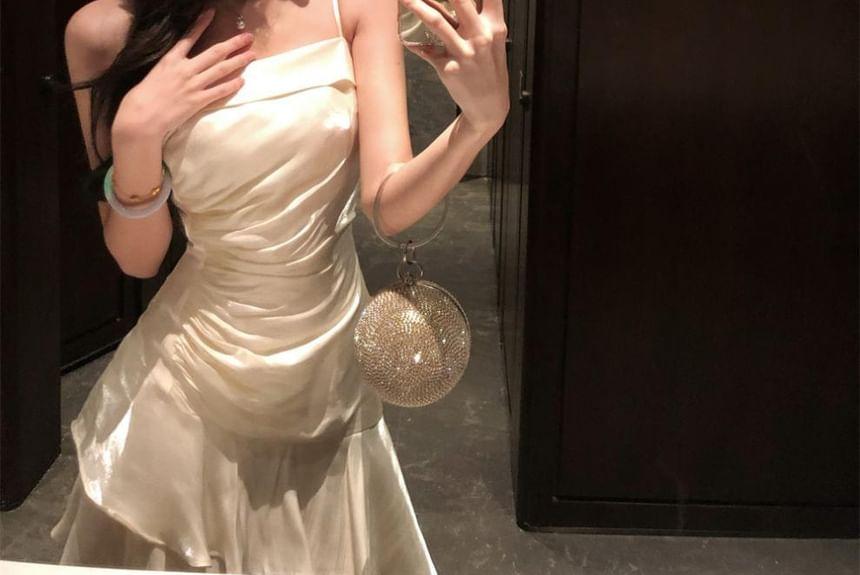 Spaghetti Strap Plain Ruched Ruffle Trim Maxi A-Line Dress Product Image