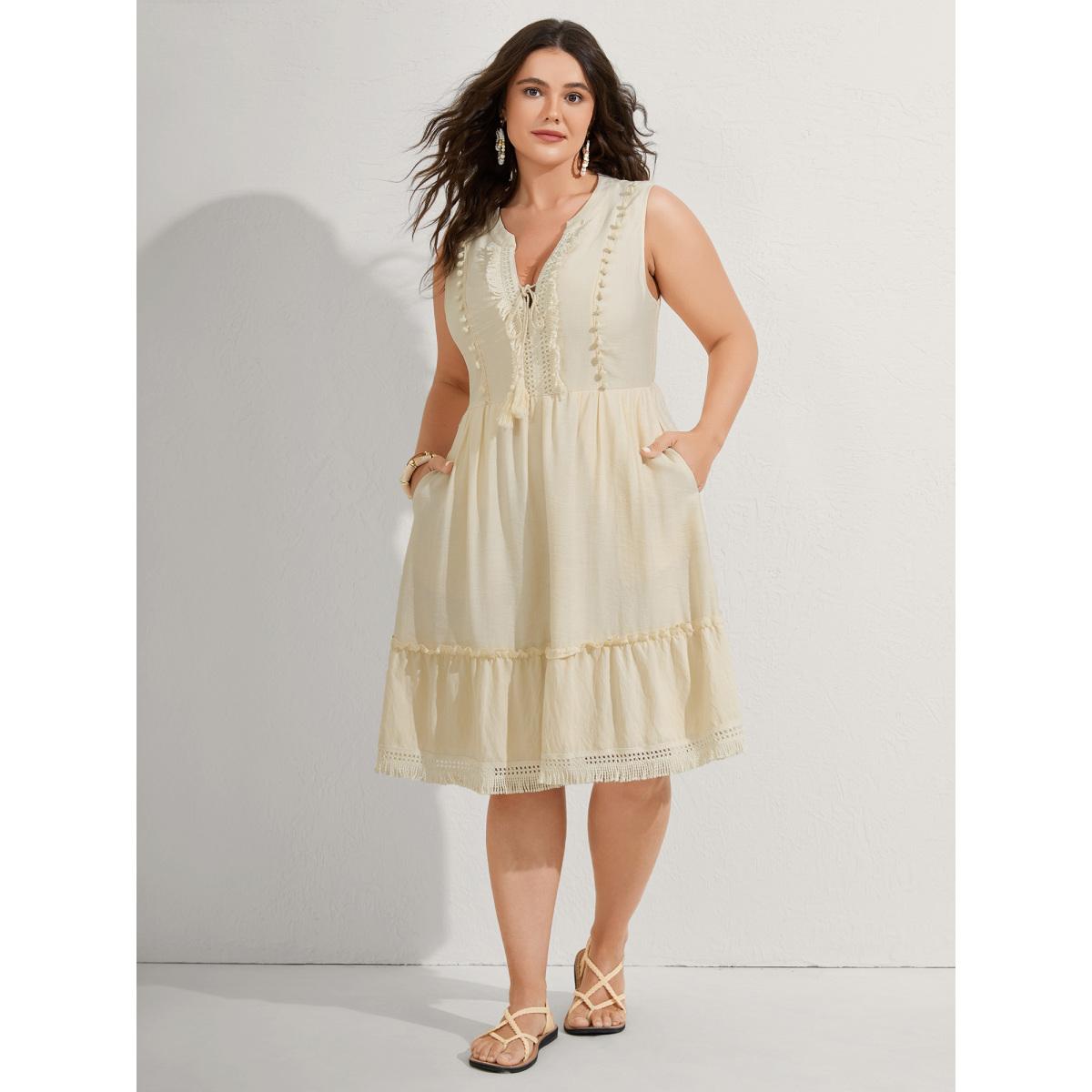 Plus Size Pure Cotton Tassels Lace Midi Dress Apricot Women Boho Woven ribbon&lace trim Flat collar with V-notch Sleeveless Curvy BloomChic 12/L Product Image