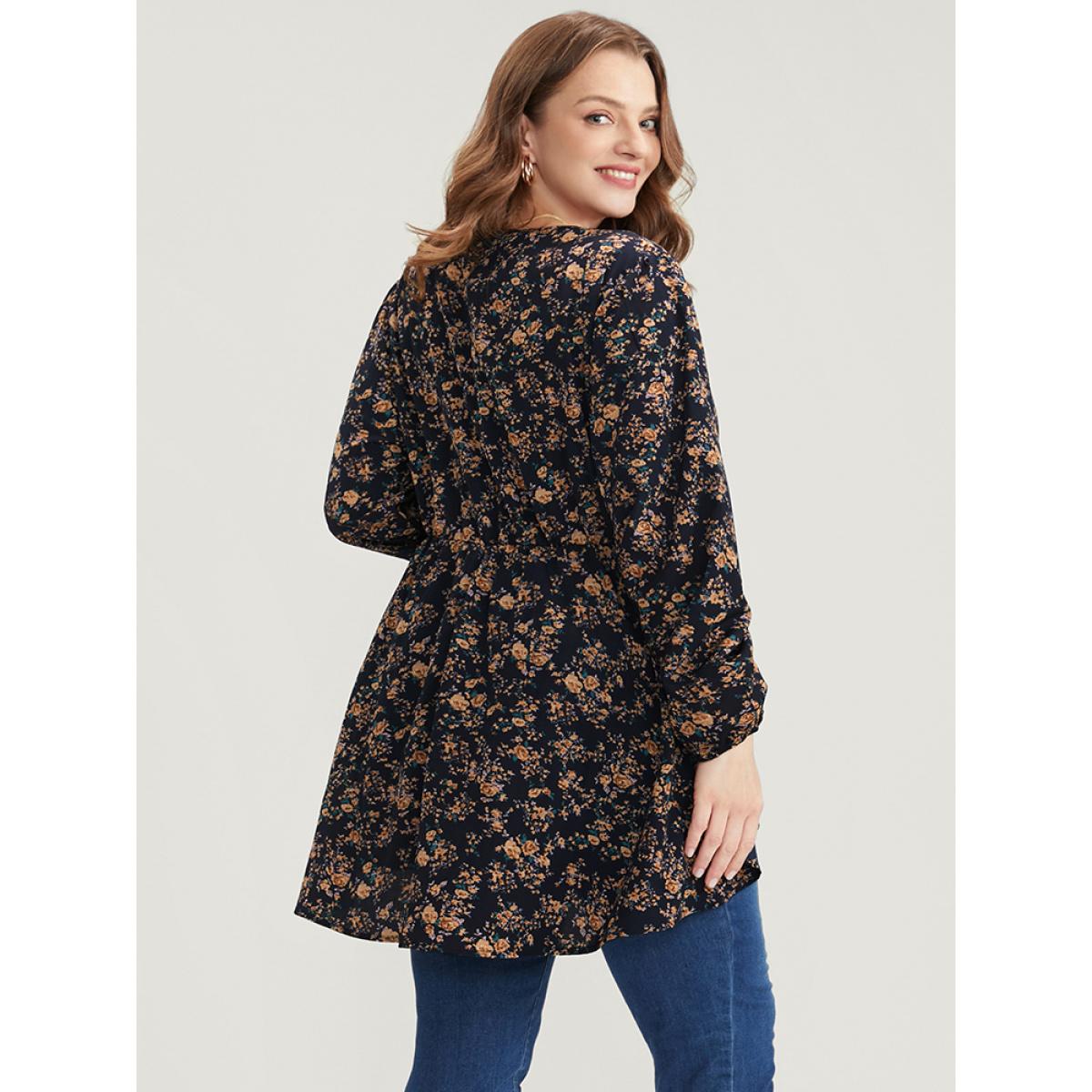 Plus Size Indigo Floral Wrap Lantern Sleeve High Low Hem Blouse Without Hat Women Elegant Long Sleeve V-neck Dailywear Blouses BloomChic 26/4X Product Image