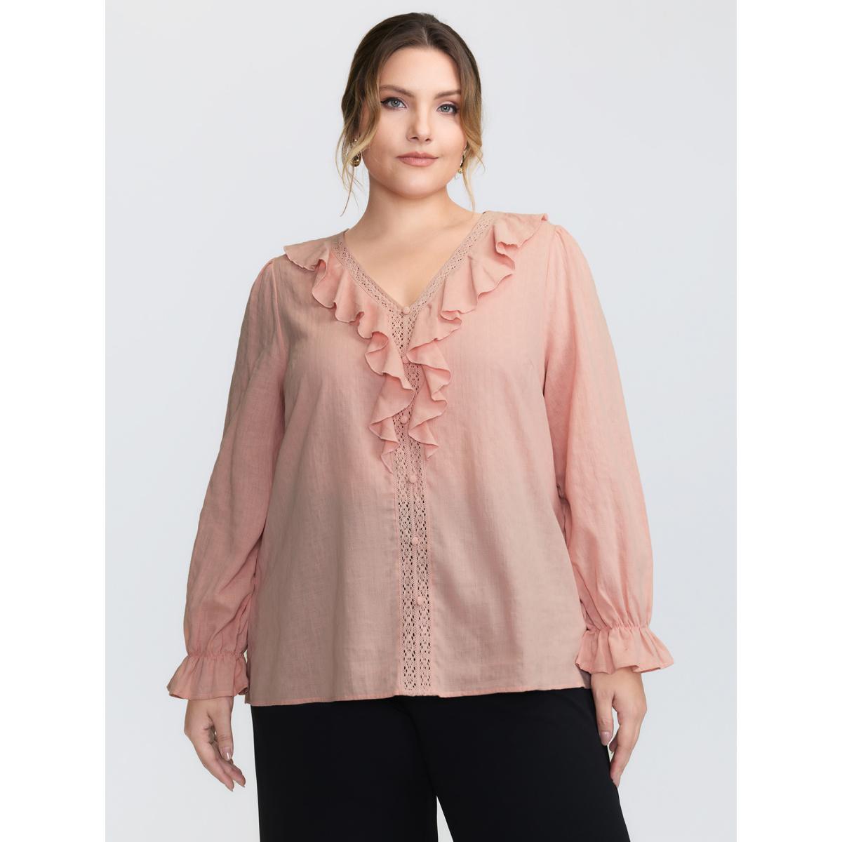 Plus Size Nudepink Textured Ruffled V-Neck Blouse Women Timeless Long Sleeve V-neck Elegant Blouses BloomChic 28/5X Product Image