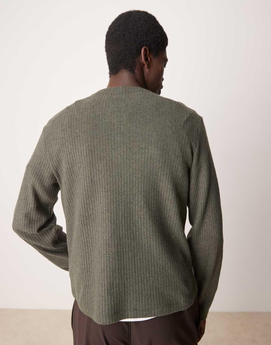 ASOS DESIGN muscle fit boxy brushed rib sweatshirt with henley neck in khaki Product Image
