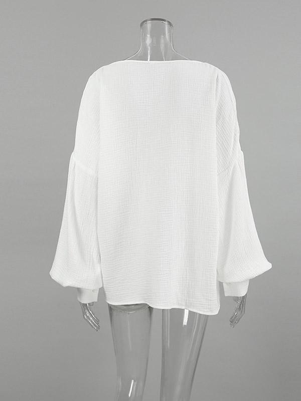 Loose Puff Sleeves Pleated Solid Color Split-Joint V-Neck Blouses&Shirts Tops Product Image