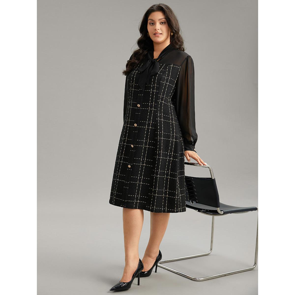 Plus Size Coarse Tweed Patchwork Chiffon Mesh Tie Neck Dress Black Women At the Office Texture Tie Neck Long Sleeve Curvy Midi Dress BloomChic 18-20/2X Product Image