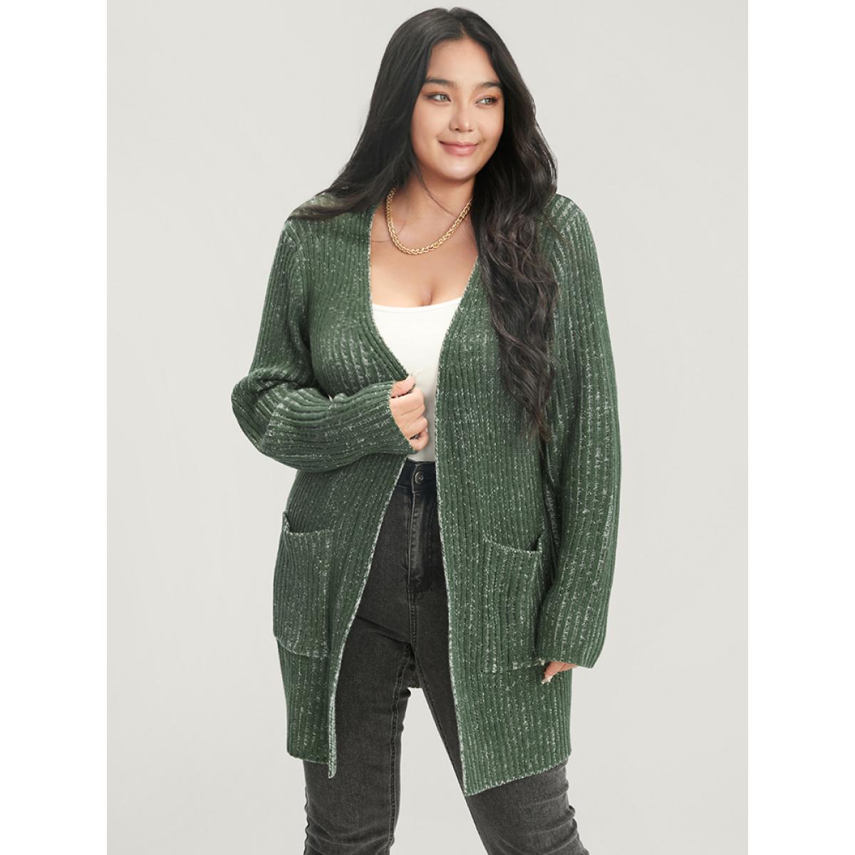 Plus Size Solid Pointelle Knit Heather Rib Knit Open Front Cardigan ArmyGreen Women Casual Loose Long Sleeve Office Cardigans BloomChic 12/L Product Image