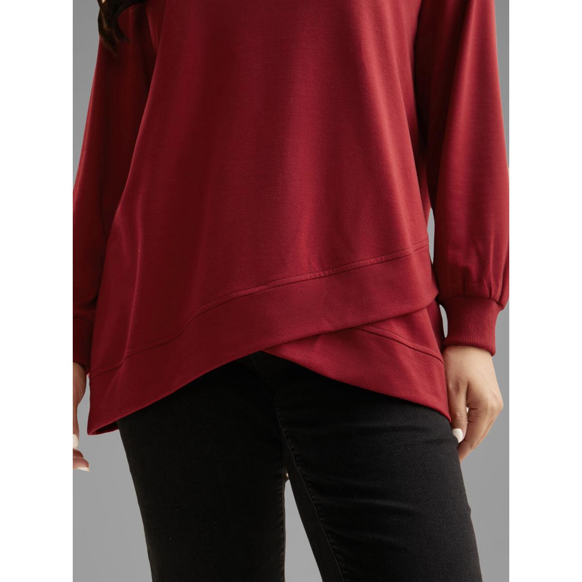 Plus Size Overlapping Hem Round Neck Sweatshirt Women Burgundy Casual Overlapping Round Neck Everyday Sweatshirts BloomChic 30/6X Product Image