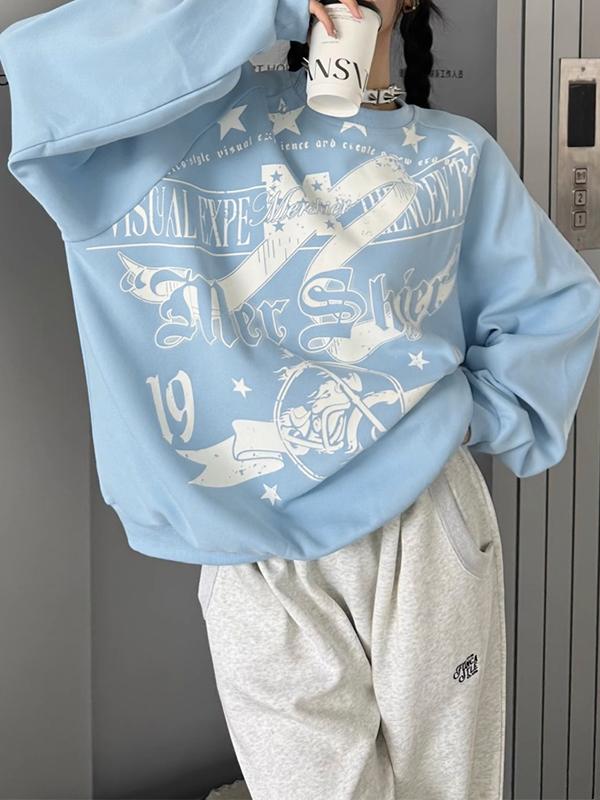 Vintage Star Letter Print Crew Neck Sweatshirt Product Image