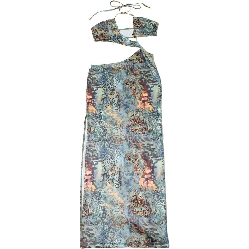 Halter Patterned Print Cutout Slit Maxi Sheath Dress Product Image