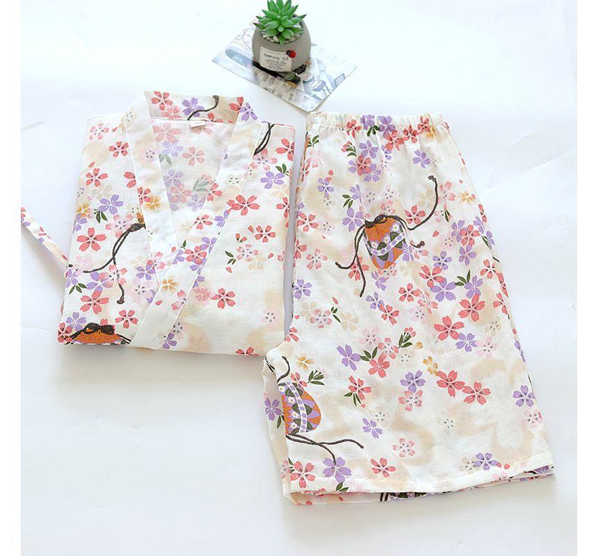 Pajama Set: Elbow-Sleeve Print Kimono Top + Lounge Shorts Product Image