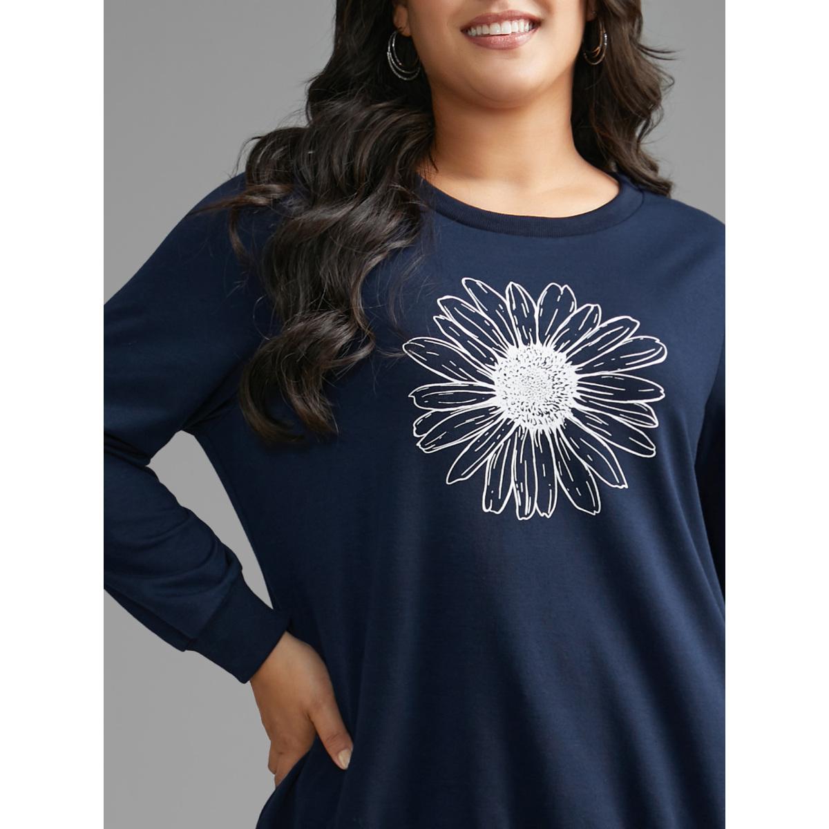 Plus Size Floral Print Crew Neck Sweatshirt Women Indigo Casual Non Round Neck Everyday Sweatshirts BloomChic 18-20/2X Product Image