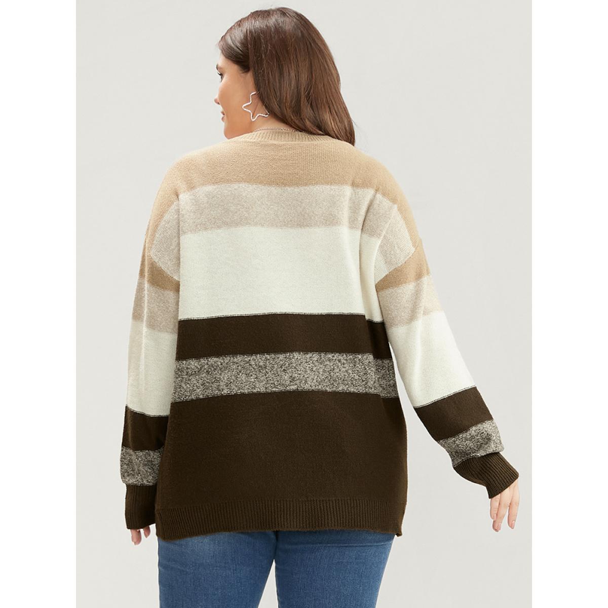 Plus Size Colorblock Contrast Soft Sexy Yarn Knit Fluffy Knit Top Brown Women Casual Loose Long Sleeve V-neck Dailywear Pullovers BloomChic 10/M Product Image