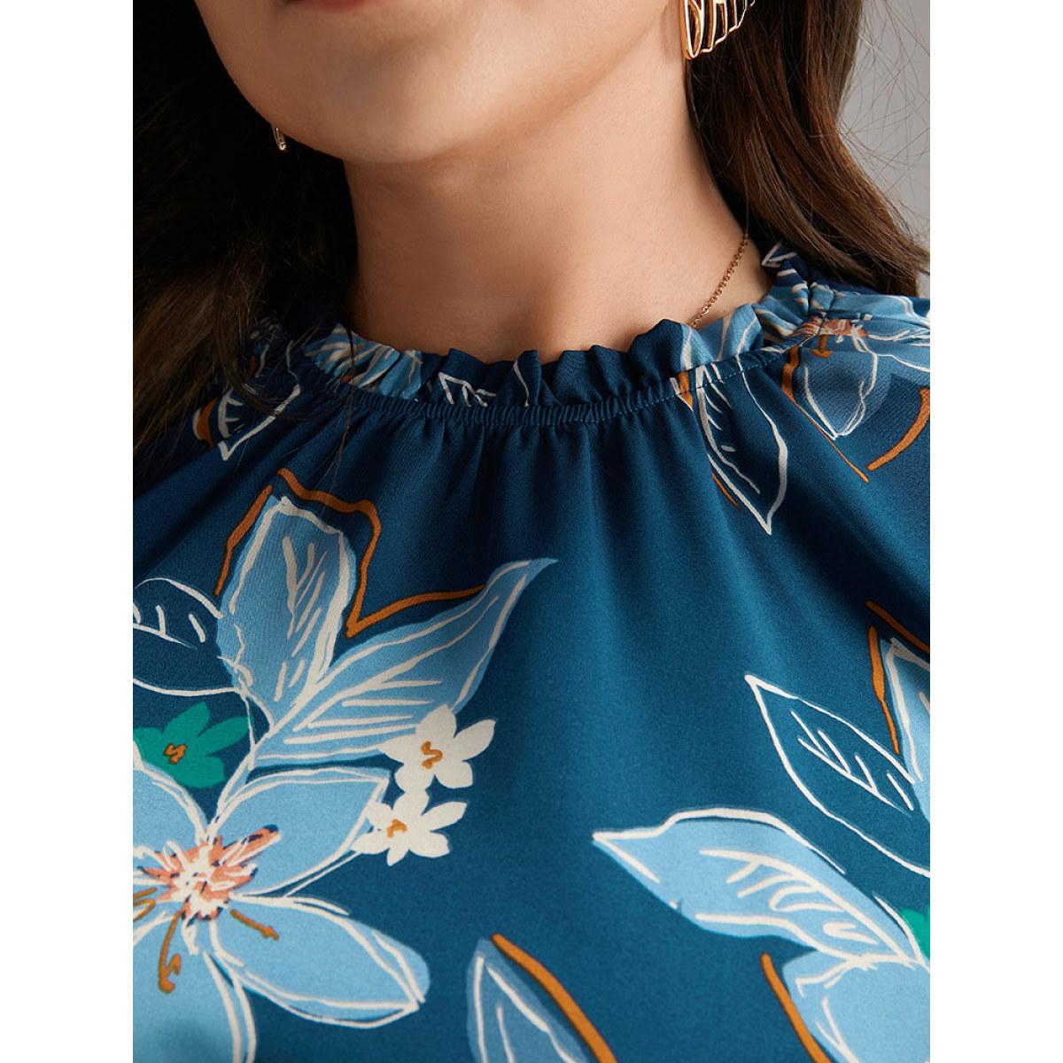 Plus Size Floral Mock Neck Frill Trim Keyhole Dress Aegean Women Elegant Elastic cuffs Mock Neck Long Sleeve Curvy Midi Dress BloomChic 30/6X Product Image