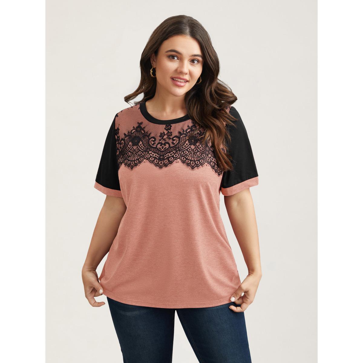 Plus Size Stretchy Scalloped Lace Color Contrast T-Shirt Crepe Women Timeless Contrast Round Neck Elegant T-shirts BloomChic 12/L Product Image