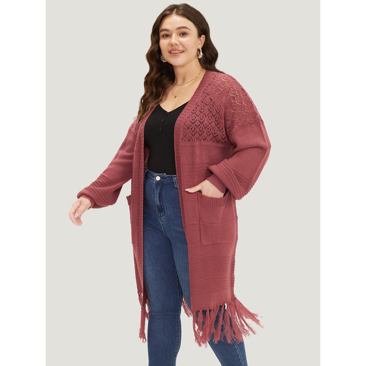 Plus Size Plain Fringe Trim Patched Pocket Cardigan Russet Women Casual Loose Long Sleeve Dailywear Cardigans BloomChic 28/5X Product Image