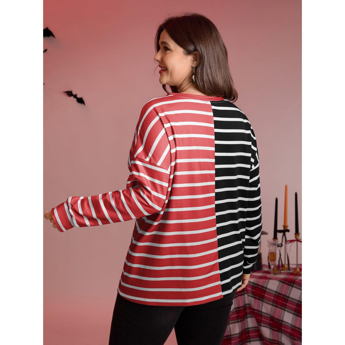 Plus Size Pumpkin Contrast Stripes Full Sleeve Sweatshirt Women Scarlet Playful Contrast Round Neck Casual Sweatshirts BloomChic 26/4X Product Image