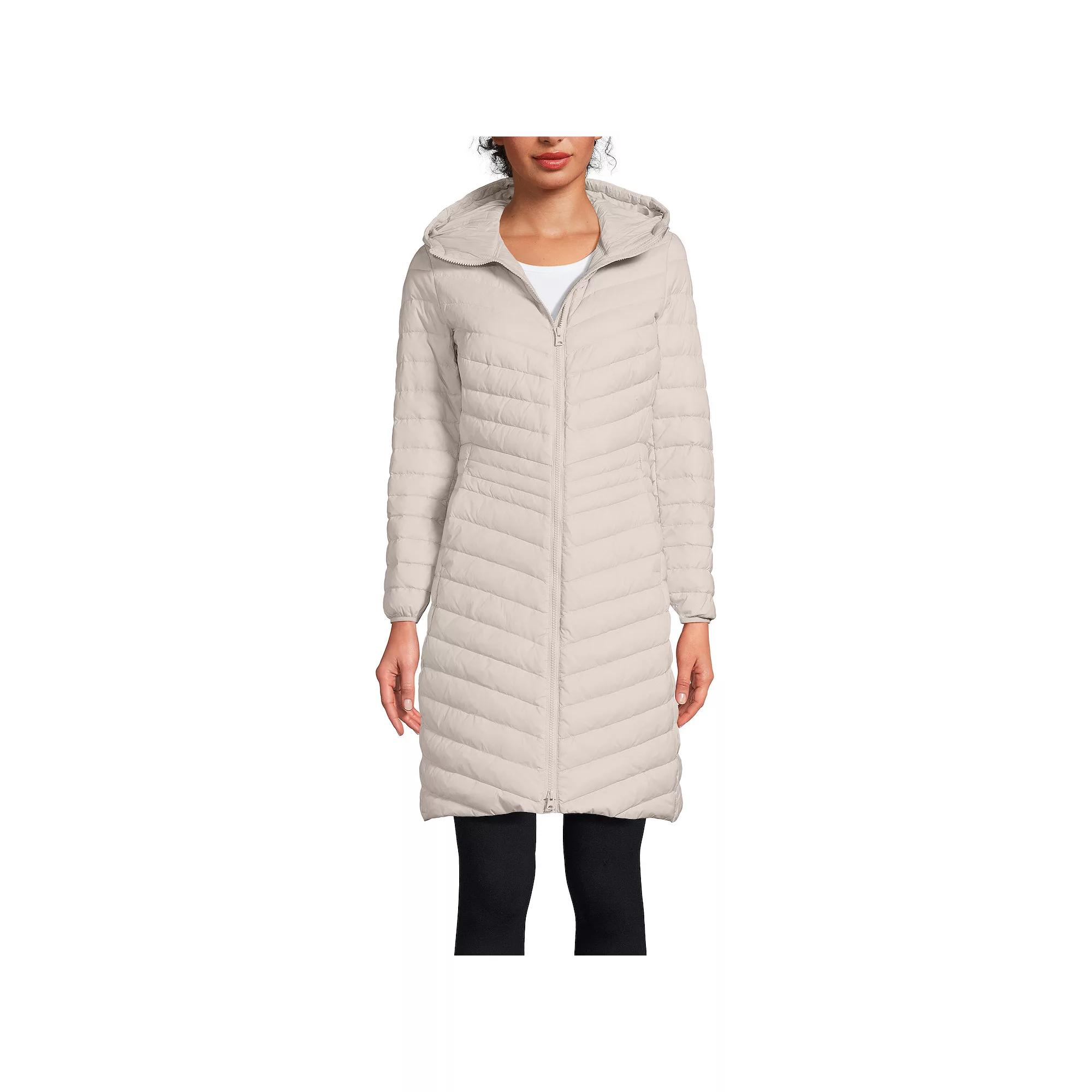 Women's Lands' End Hooded Wanderweight Ultralight Packable Long Down Coat, Size: Large, Dusk Gray Product Image