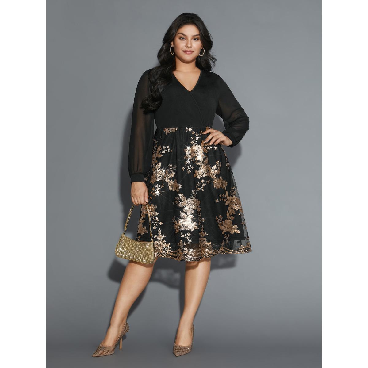 Plus Size Sequin Overlap Collar Sheer Sleeve Lined Dress Black Women Cocktail Texture Party Curvy Bloomchic 18-20/2X Product Image