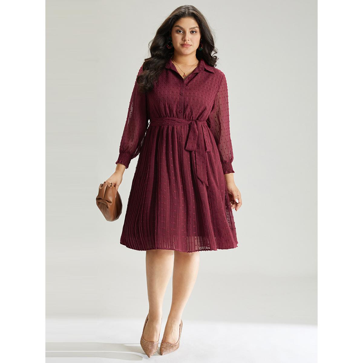 Plus Size Plain Textured Shirt Collar Gathered Belted Dress Scarlet Women Office Elastic cuffs Shirt collar Long Sleeve Curvy Midi Dress BloomChic 30/6X Product Image