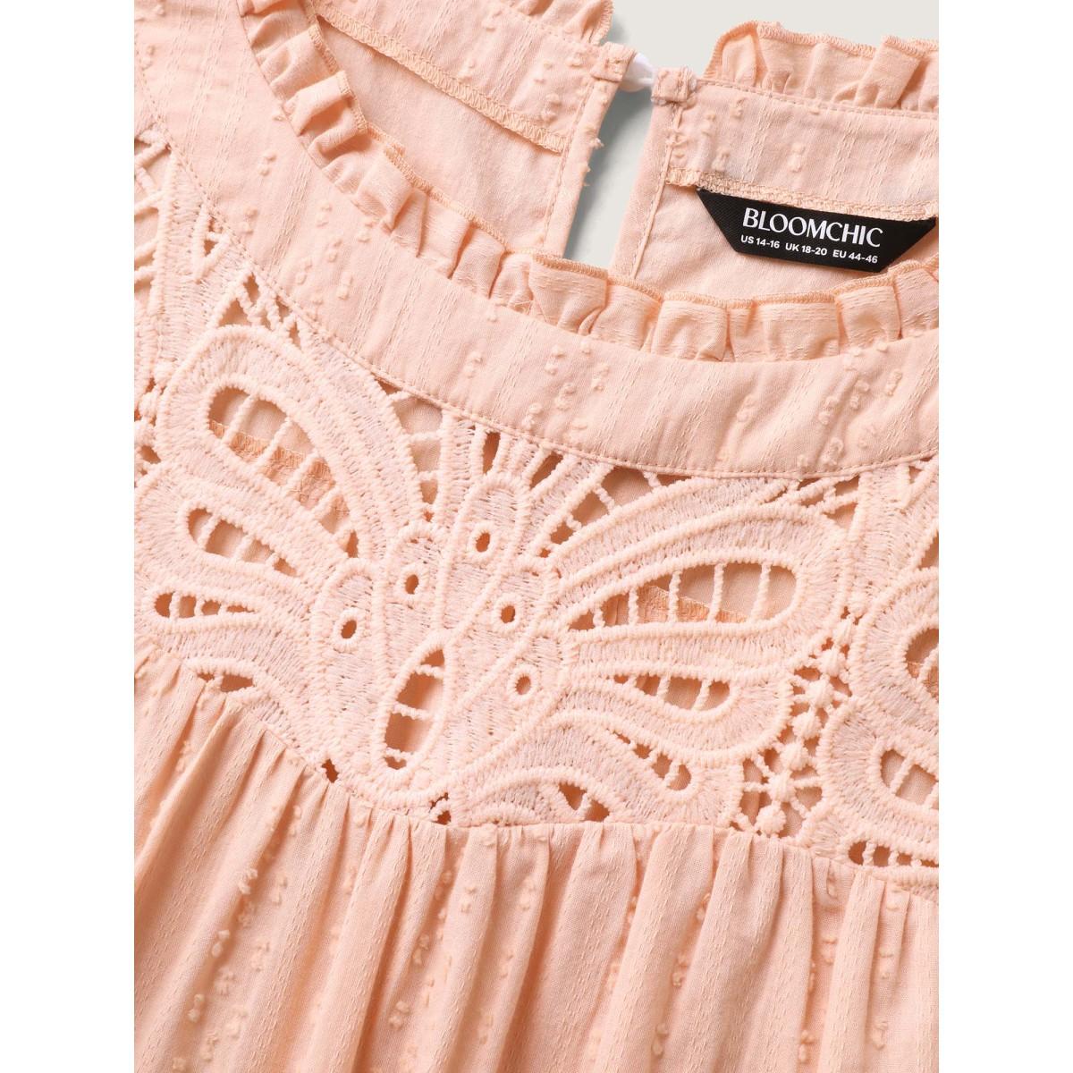 Plus Size Crepe Cotton Cut-Out Lace Ruffled Neck Blouse Women Romantic Cap Sleeve Round Neck Elegant Blouses BloomChic 14-16/1X Product Image