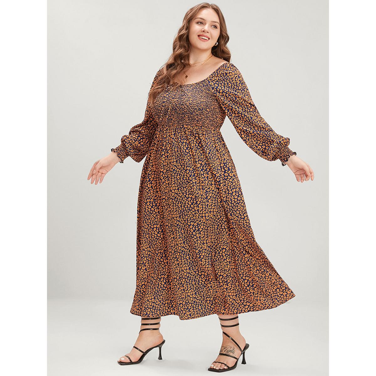 Plus Size Ditsy Floral Pocket Shirred Lantern Sleeve Split Hem Dress Chocolate Women Elegant Shirred Square Neck Long Sleeve Curvy Midi Dress BloomChic 26/4X Product Image