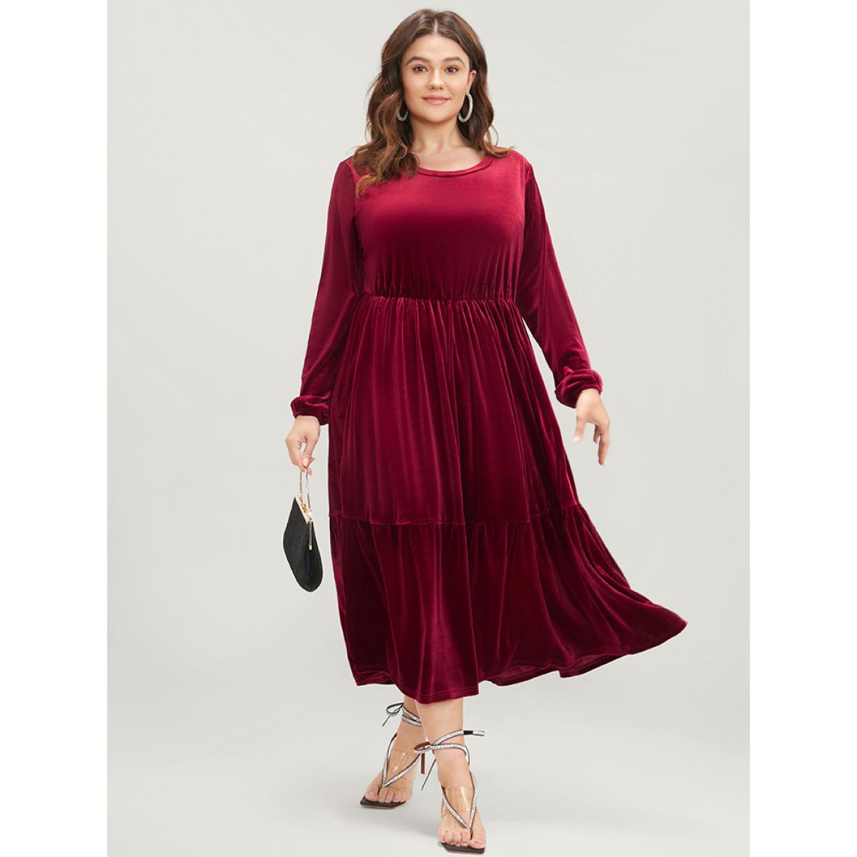 Plus Size Solid Pocket Lantern Sleeve Velvet Flutter Dress Burgundy Women Party Plain Round Neck Long Sleeve Curvy Long Dress BloomChic 12/L Product Image