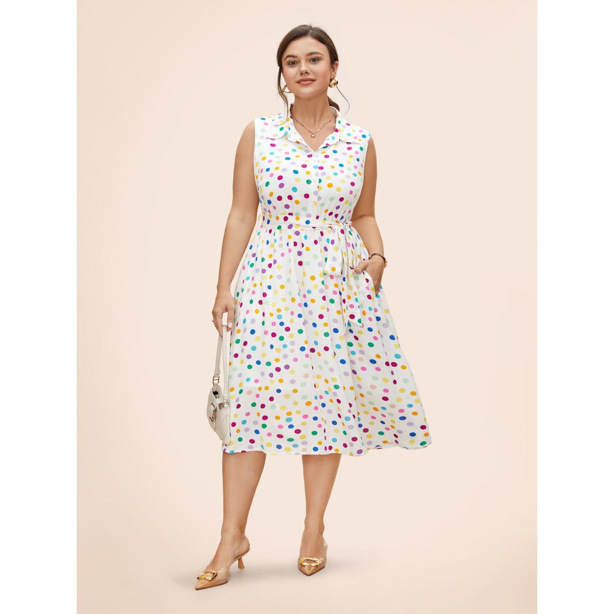 Plus Size Polka Dot Front Tie Midi Shirt Dress WhiteSmoke Women Casual Belted Shirt collar Sleeveless Curvy BloomChic 14-16/1X Product Image