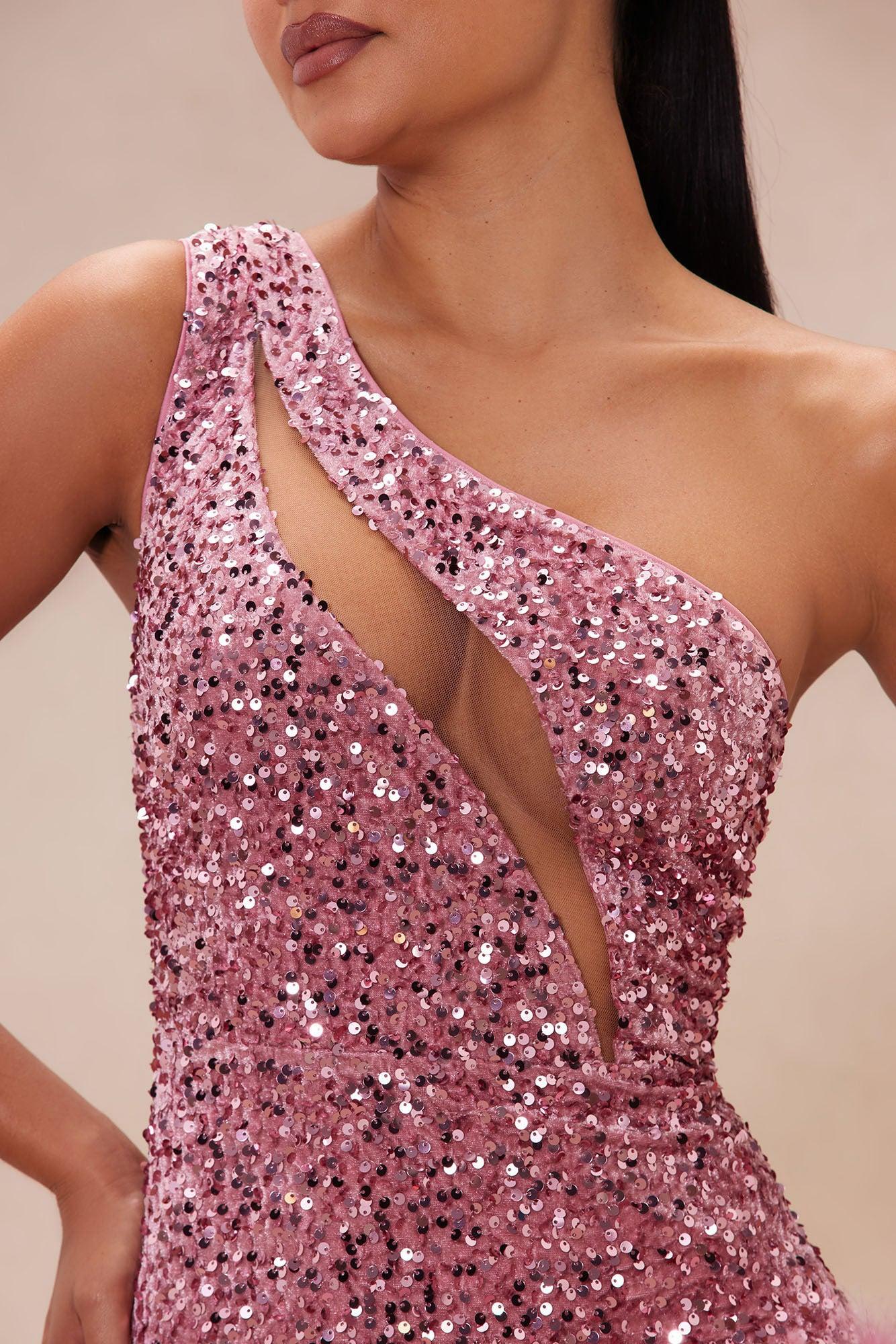 Esme Sequin Feather Mini Dress - Pink Product Image