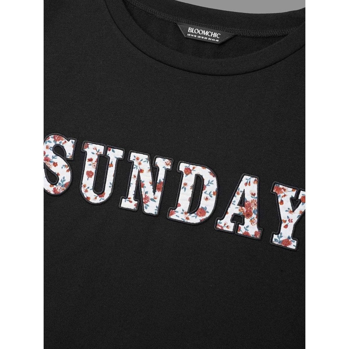 Plus Size Sunday Patchwork Embroidered Sweatshirt Women Black Casual Embroidered Round Neck Everyday Sweatshirts BloomChic 12/L Product Image